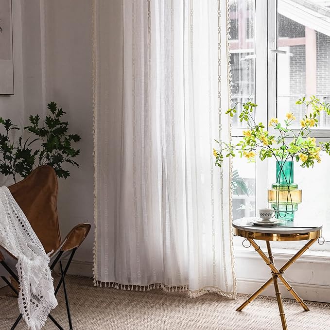 Deeprove Boho Curtain 84 Inches Long, Cotton Linen Nordic Scandinavian Style White Stripes Embroidery Shabby Chic Hollow Geometric, Semi Blackout Window Vintage Drape Tassels, 1 Panel W52 x L84