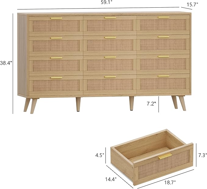 Rovaurx 12 Drawer Double Dresser for Bedroom, Rattan Chest of Dressers, Modern Wooden Dresser Chest with Golden Handles, Beside Table for Closet, Living Room and Entryway, Natural