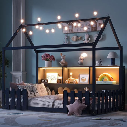 Twin Size Montessori Bed for Kids, Montessori Floor Bed with LED Light and Storage Bookshelf, Kids Beds with Guardrails for Boys & Girls, Navy Blue