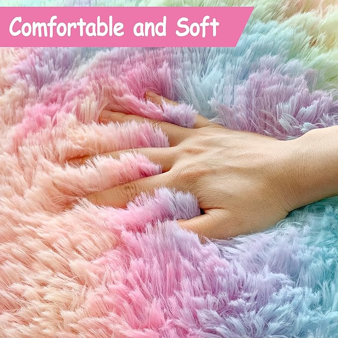 Soft Fluffy Area Rug 8x10 Plush Rainbow Rugs for Girls Bedroom Shaggy Carpet Kawaii Unicorn Rug for Living Room Fuzzy Nursery Rug for Baby's Toddler's Room Cute Colorful Room Decor for Kids