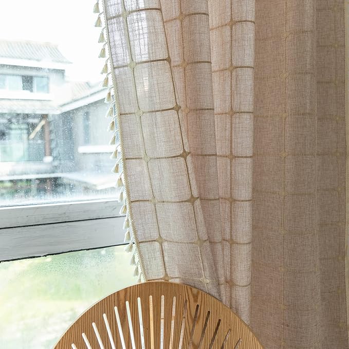Deeprove Boho Curtains 84 Inches Long for Bedroom, Cotton Linen Light Brown Plaids Embroidery Semi Blackout Bohemian Aesthetic Window Treatment Grids Drape Tassels, 1 Panel W52 x L84 Tan
