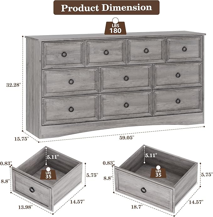 Grey 10 Drawer Dresser, 59" Large Dresser for Bedroom, Wood Chest of Drawers, TV Stand for 70 inch TV, Rustic Storage Dressers Organizer for Bedroom, Hallway