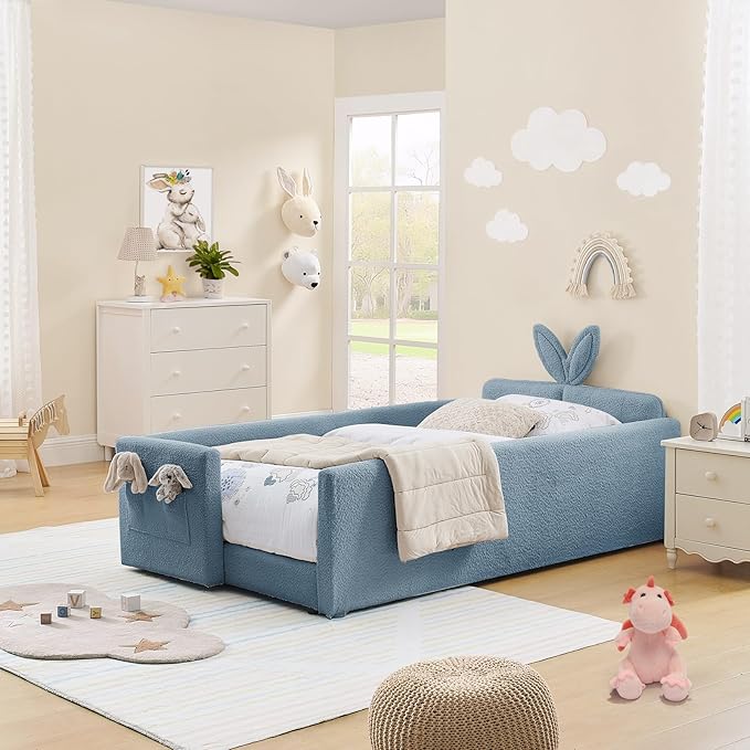 Twin Size Kids Bed with Rabbit Ear Headboard, Upholstered Boucle Fabric Twin Daybed with Slats Support & Side Pockets, Space-Saving Wooden Corner Sofa Couch Bed Frame, for Girls, Boys, Teenager(Blue)