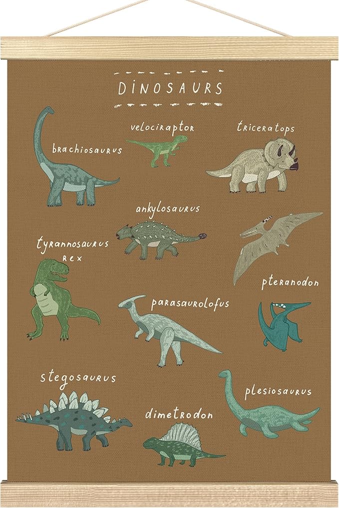 BCUANGD Dinosaur Dino Wall Decor - Brown Baby Toddler Boys Room Wall Art Poster Hanger with Wood Frames, Inspirational Wall Hanging Canvas Decor for Kids Room Nursery Bedroom, 12x16 Inches