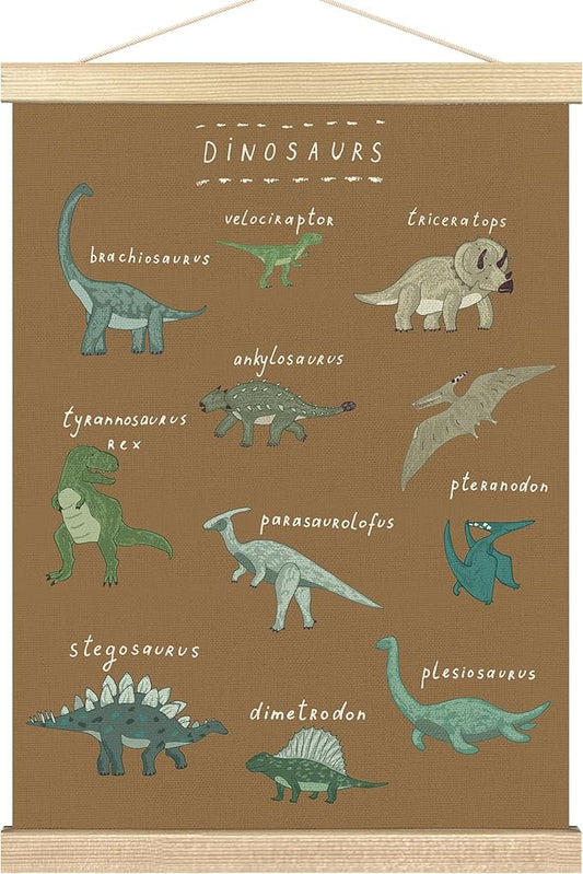 BCUANGD Dinosaur Dino Wall Decor - Brown Baby Toddler Boys Room Wall Art Poster Hanger with Wood Frames, Inspirational Wall Hanging Canvas Decor for Kids Room Nursery Bedroom, 12x16 Inches