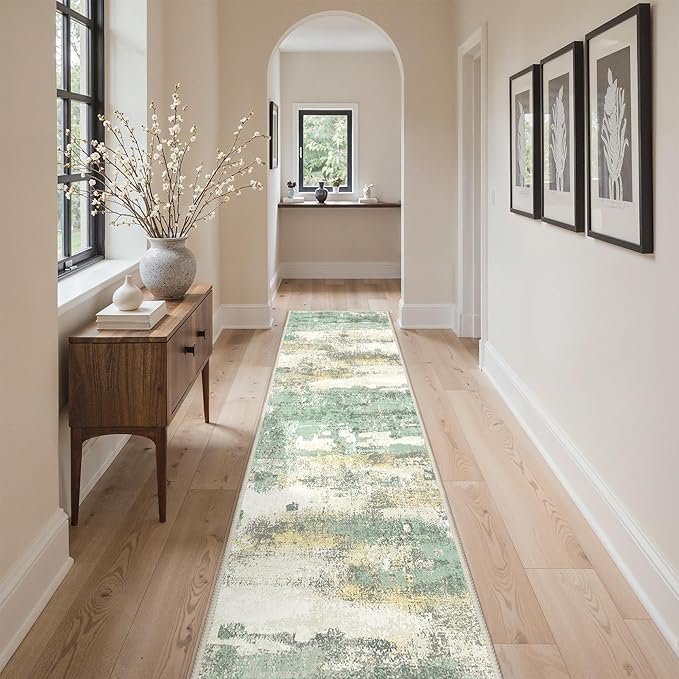 GENIMO Runner Rug Non Slip 2'6"x10', Washable Rug Runner for Hallways Kitchen, Abstract Modern Kitchen Rugs, Low Pile Lightweight Carpet Runners for Entryway, Bedroom, Laundry, Light Green