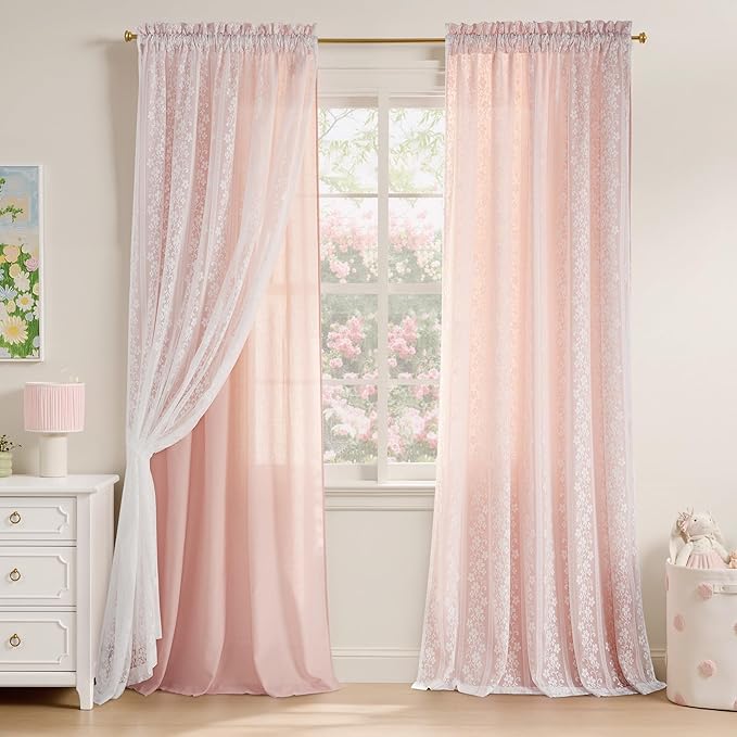 PONY DANCE Linen Pink Curtains for Living Room 84 Inches Long, Farmhouse Thermal Insulated Room Darkening Curtains, Double Layer Curtain for Girls' Bedroom, 52W x 84L, Blush Pink, 2 Panels