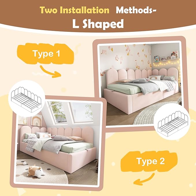 Merax Twin Size Upholstered Lift Up Sofa Day Bed with Headboard, Floor Sofa Daybed with Metal Slat Support, Lift Up Bed Frame for Kids, Boys, Girls Twin, Pink