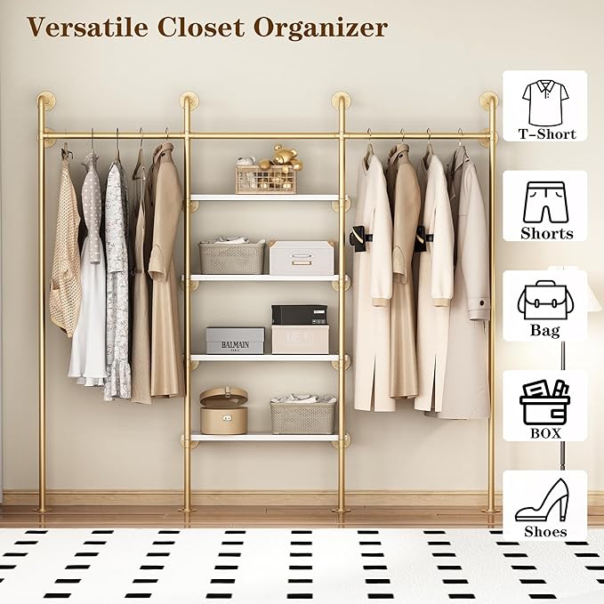 Industrial Pipe Clothing Rack, Wall Mounted Clothes Rack Gold Clothing Rack with Shelves Clothes Hanging Shelf-94.5''L Gold