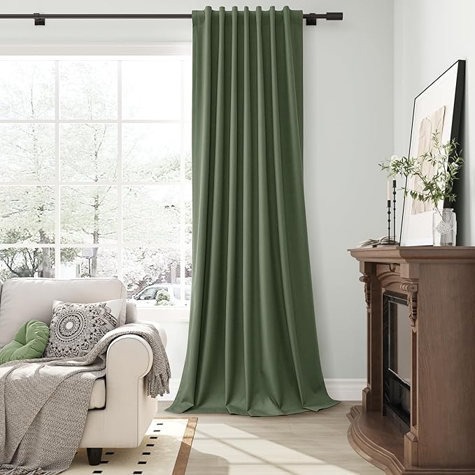 Olive Green Linen 100% Blackout Curtains 98 Inches Long for Bedroom Back Tab Hook Belt Elegant Country Farmhouse Room Darkening Thermal Insulated Drapes Living Room Office 2 Panels Set 52x98