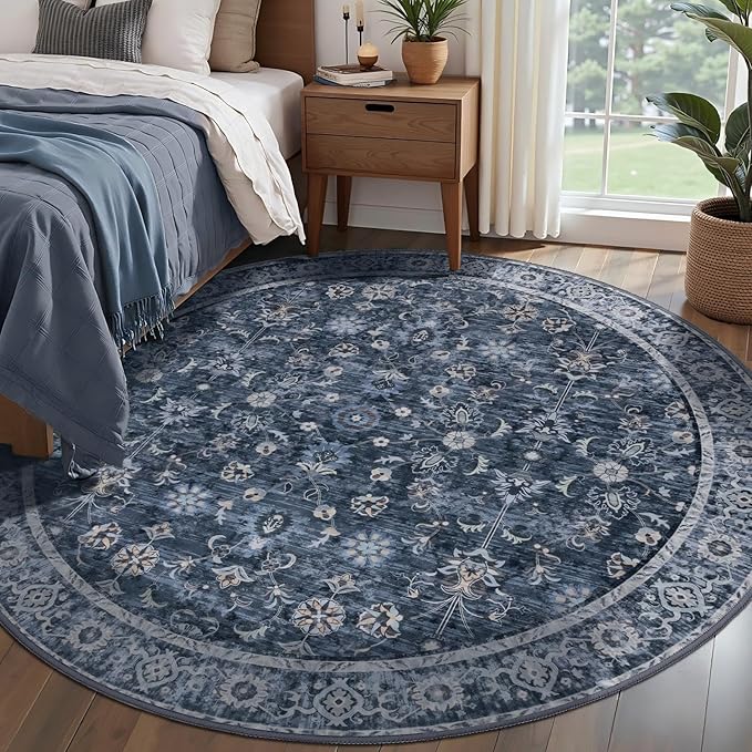 Tangsoo Vintage Round Rug 6ft Washable Circle Rug, Non Slip Boho Round Area Rug, Low Pile Floral Circular Rugs, Large Round Carpet for Livingroom,Bedroom,Nursery,Dorm,Office,Blue Room Decor