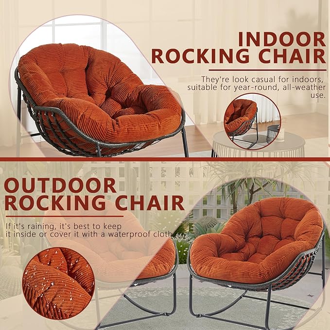 Oversized Outdoor Papasan Rocking Chair with Soft Cushion, Comfy Patio Egg Chair, Wicker Lounge Rocker for Balcony/Porch/Garden, Reinforced All Weather Rattan Frame, 330 lbs Support, Burnt Orange