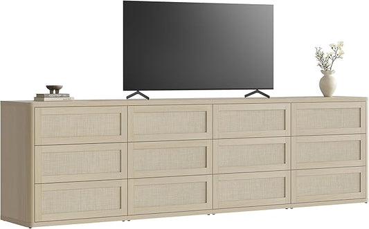 SICOTAS Dresser for Bedroom 12 Drawer Dressers & Chests of Drawers for Nursery Large Long Rattan TV Stand Set for Bedroom Living Room 103" Wide Boho Clothes Closet Storage for Closet Hallway Entryway