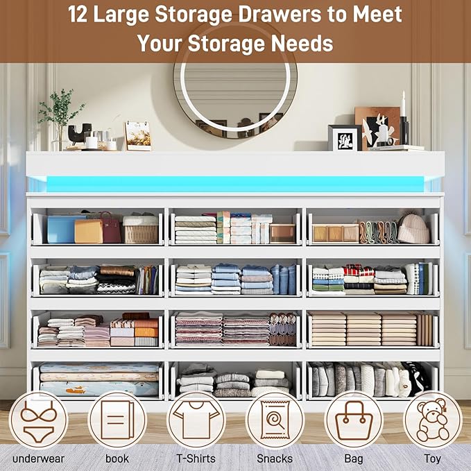 12 Drawer Dresser for Bedroom, 70" Wide 44" Tall Dresser with LED Light & Charging Station, Modern Chest of Drawers for Closet, Living Room, Entryway, Hallway (White, 12 Drawers)