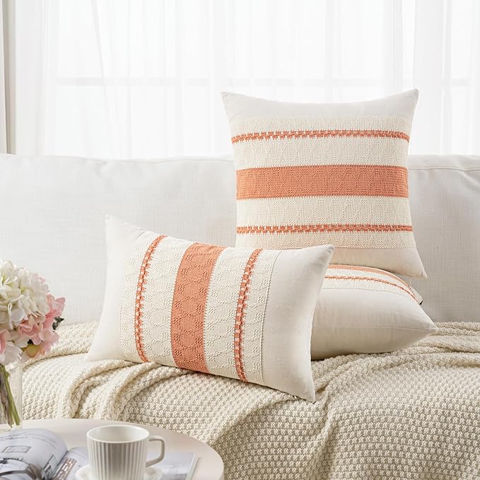 Fancy Homi Set of 2 Boho Coral Euro Decorative Throw Pillow Cover 26x26 Inch for Couch Bed Bedroom, Aesthetic Modern Organic Farmhouse Room Decor, Soft Cotton Accent Macrame Woven Cushion Case