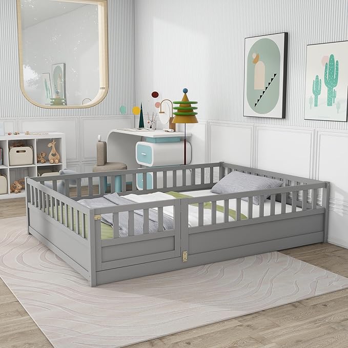 GDFStudio Full Size Floor Bed Frame with Door & Guardrails, Toddler Full Bed Frame for Boys Girls, Low to Floor Wooden Bed Rails for Toddlers, Montessori Floor Bed for Baby, No Support Slat, Grey