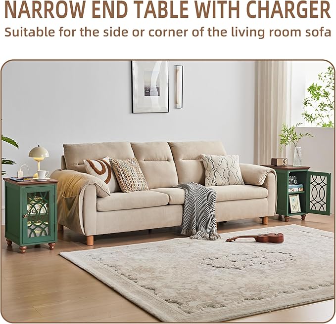 Narrow Side Table with Charging Station, Night Stand with Glass Door, Bedside End Tables with Adjustable Shelf Storage Cabinet,Wood Nightstand for Small Spaces Living Room Bedroom