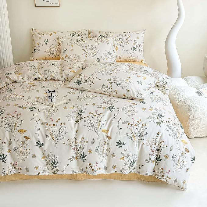 HighBuy Twin XL Duvet Cover Floral Cozy Cotton Girl Yellow Flower Botanical Coquette Bedding Set French Style Comforter Cover with Zipper Chic Vintage Bedding Duvet Cover Twin XL,3 Pieces
