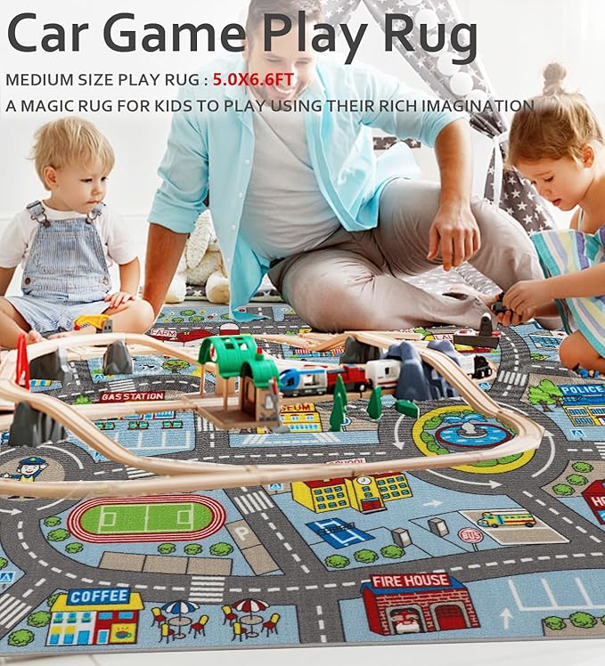 Kids Rug 6'6" x 5'0" City Life Playmat Area Rug Car City Map Washable Traffic Road Educational Learning Nursery Rug Carpet for Children Playroom Living Room Bedroom Classroom Decor Blue