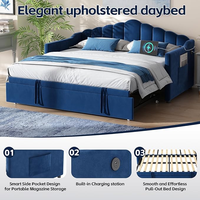 SOFTSEA Twin Daybed with Pop Up Trundle, Velvet Upholstered Daybed with USB Ports, Modern Extendable Sofa Bed Frame with Curved Backrest for Bedroom, Small Space, Blue