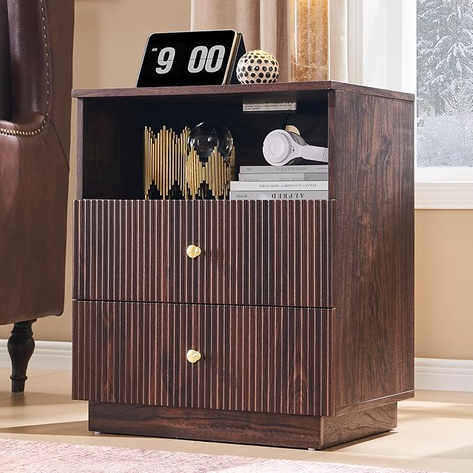 Fluted Night Stand with Charging Station, 21.65" Nightstand with 2 Drawer, 2 Drawer Dresser for Bedroom, Morden End Table Chests of Drawers Bedside Table for Bedroom, Living Room,Brown