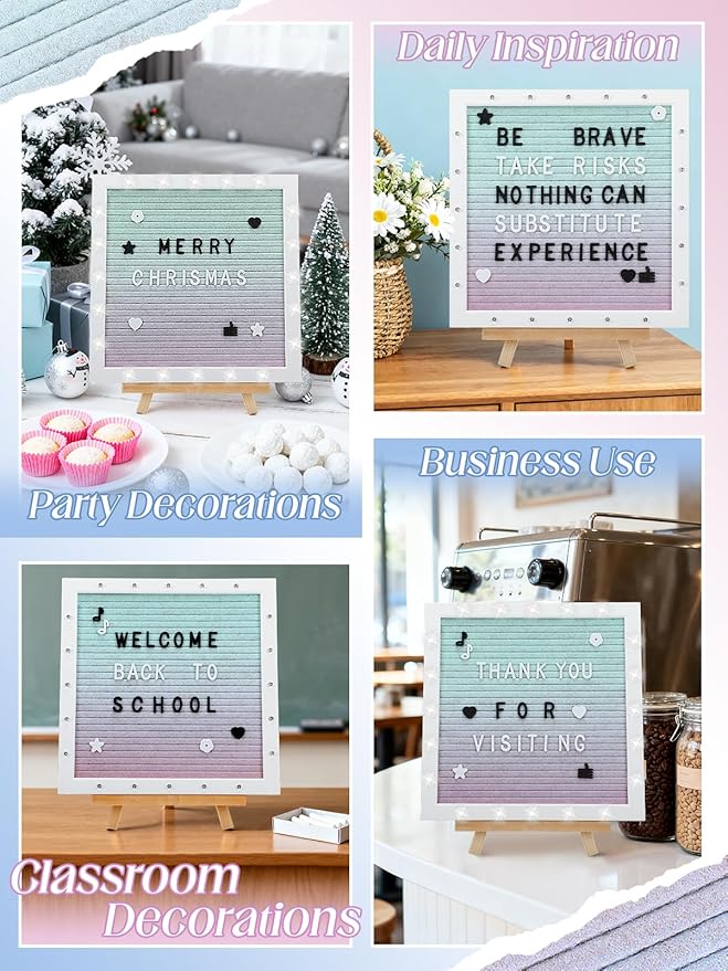 Changeable Felt Letter Board with LED Lights - 10×10" Message Custom Signs & Wood Stand & 450 Letters, Poster Board for Christmas/Pregnancy/Baby Announcement/Baby Shower/Wall Decor Gifts, Gradient
