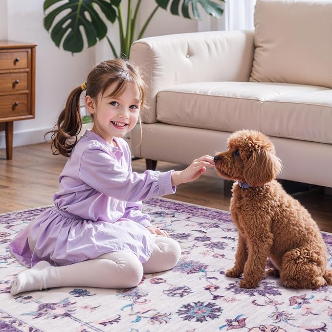 Tangsoo 4x6 Washable Area Rugs Non Slip, Boho Distressed Vintage Purple Floral Throw Rug for Bedroom Nursery, Soft Low Pile Floor Carpet Indoor Mat for Entrance Bedside Kitchen Office Farmhouse