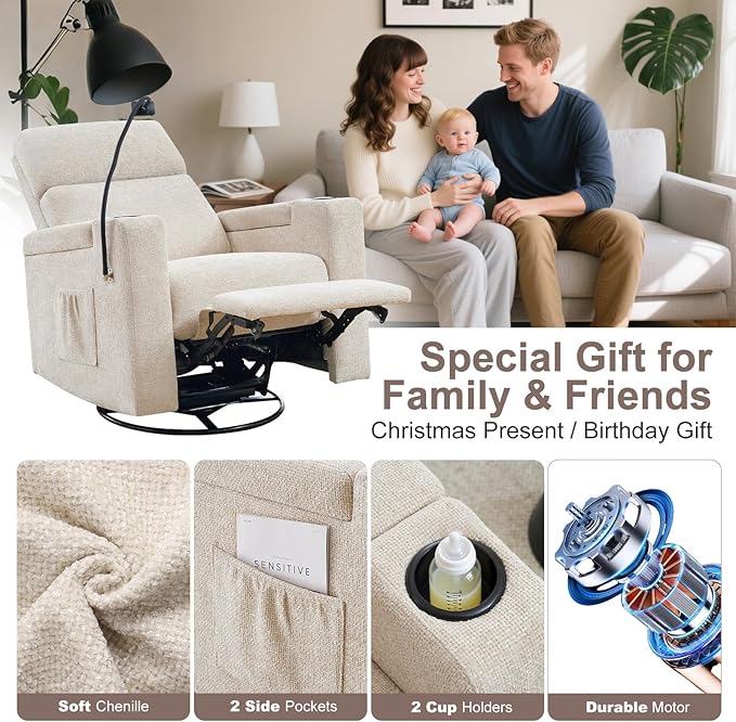 ABCASA Power Recliner Chair Swivel Glider Set of 2, Nursery Glider Recliner, Chenille Rocking Recliner Chair with Adjustable Phone Holder, Hidden Arm Storage, USB & Type-C for Living Room, Light Brown