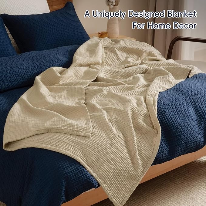 PHF 100% Cotton Waffle Muslin Throw Blanket Large 50" x 70", Lightweight and Breathable Washed Cotton Blanket, Aesthetic Soft Muslin Waffle Bedding for Sofa Bed Home Decor, Oak