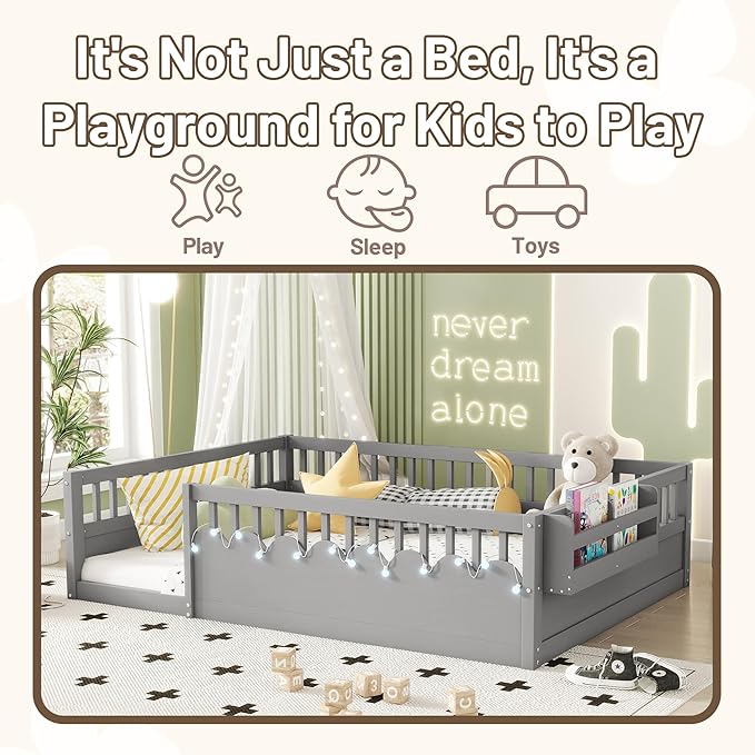 Full Toddler Floor Bed with High Rails, Wooden Montessori Bed Frame with Light and Storage Shelf, Full Size Bed Frame for Kids, Boys and Girls, Grey