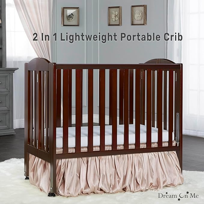Dream On Me 2-in-1 Folding Portable Compact Mini Baby Crib in Espresso, GreenGuard Gold & JPMA, US Patented Flat Folding System, Locking Wheels,1″ Mattress Pad, Space-Saving Quck Fold Easy Storage