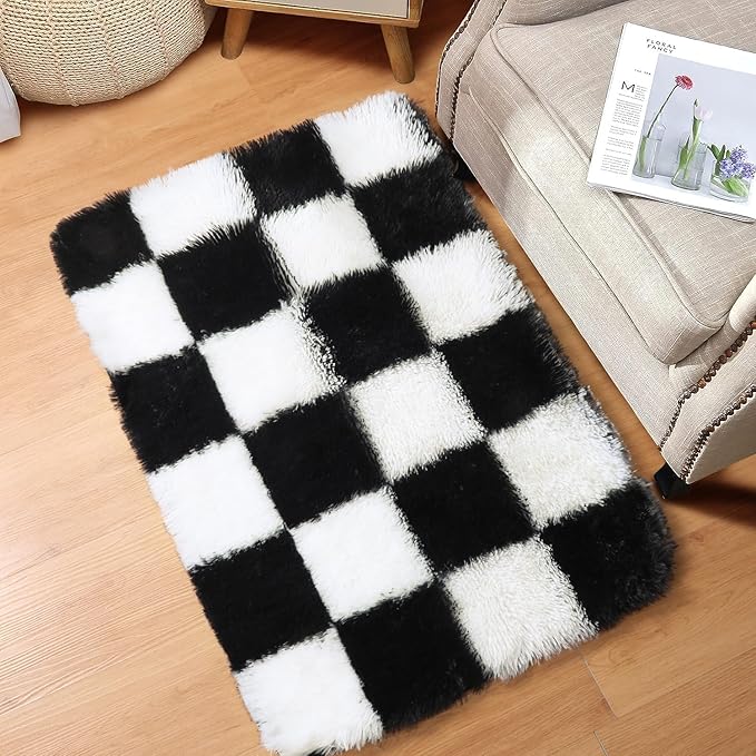 KICMOR Small Rug for Bedroom, 2x3 Fluffy Soft Black and White Checkered Rug Fuzzy Shaggy Bedside Carpet, Indoor Furry Plush Small Throw Rug for Living Room Nursery Kids Girls Boys Room Home Decor