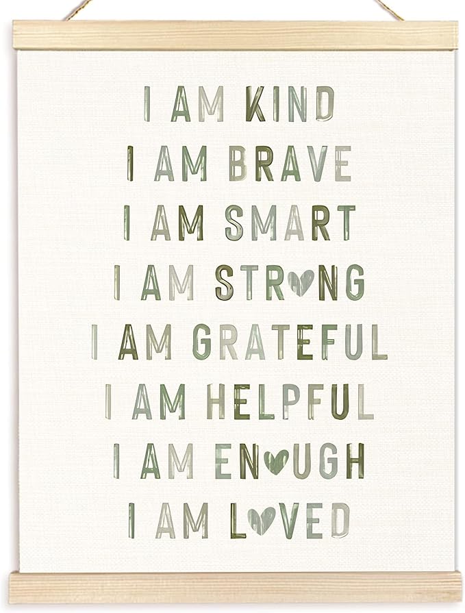 BESERH Boho Sage Green Positive Affirmations Wall Art Posters, Boho Nursery Decor Boy Girl, I Am Kind Brave Smart Canvas Prints Artwork Framed for Toddler Kids Room Nursery Playroom, 12x16 Inch