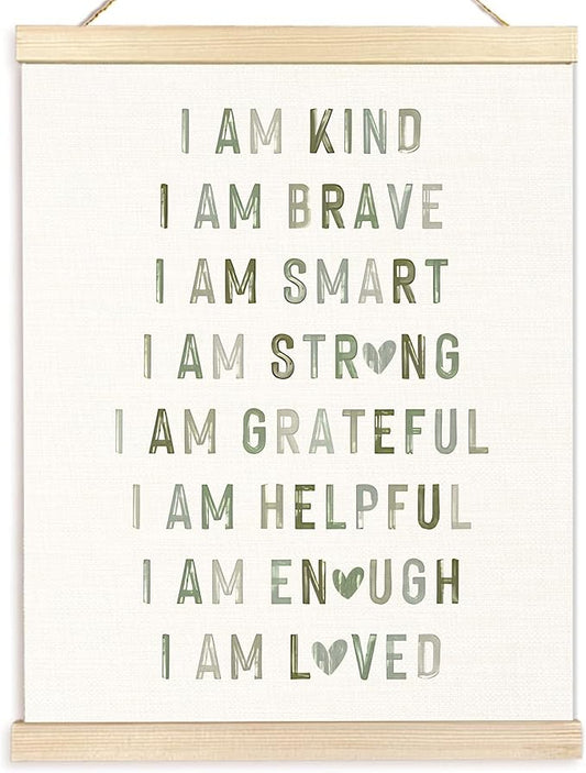 BESERH Boho Sage Green Positive Affirmations Wall Art Posters, Boho Nursery Decor Boy Girl, I Am Kind Brave Smart Canvas Prints Artwork Framed for Toddler Kids Room Nursery Playroom, 12x16 Inch