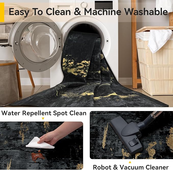 Washable Area Rugs 4'x6' Non-Slip Modern Abstract Soft for Living Room Entryway Bedroom Nursery, Print Pattern, Dark Black Gold