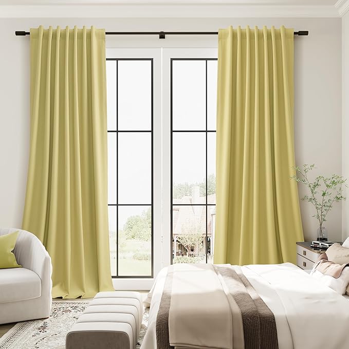 Guken Yellow Linen 100% Blackout Curtains 90 Inches Long for Living Room 2 Panels Set Textured Rustic Black Out Thermal Insulated Privacy Curtains for Room Divider Back Tab Hook Belt Backdrop 52x90