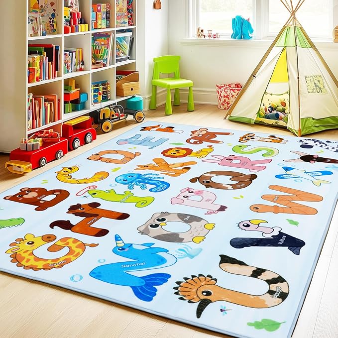 Kids Rugs for Playroom, 4x5 Feet Educational Rug for Learn The ABC Alphabet, Soft Machine Washable Non-Slip Cute Animal Carpet for Classroom Toddler Nursery Kids Room Decor Mat, Blue