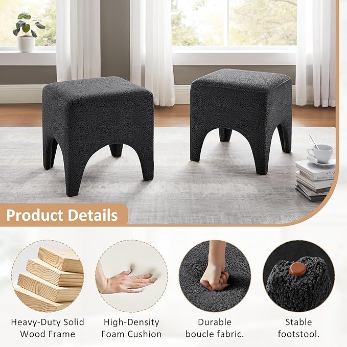 17" Boucle Modern Square Foot Stool Ottoman, Vanity Stool for Makeup, Rectangle Foot Rest for Couch, Upholstered Ottoman Stool for Living Room, Bedroom, Entryway (2, Dark Grey)