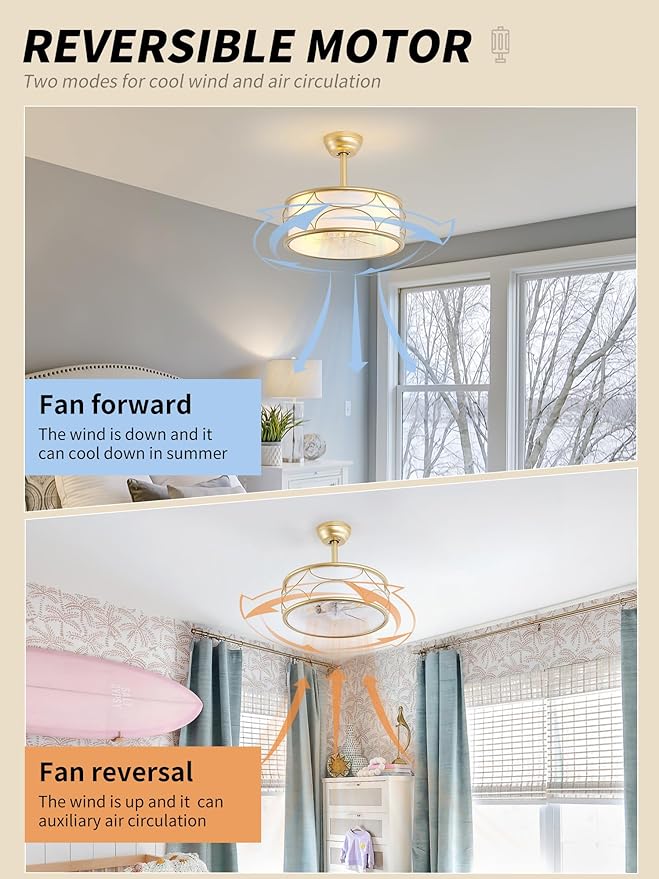 18" Gold Fandelier Ceiling Fan with Light, Fabric Boho Chandelier Ceiling Fans with Lights Remote Control, Mid-Century Modern Caged with 6 Speeds for Bedroom, Nursery (FS-BG02)