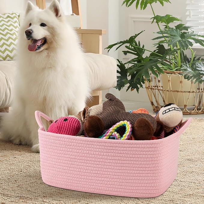 OIAHOMY 19L Woven Basket with Gift Bags and Ribbons, Gift Basket Empty for Baby Showers Birthday, Nursery Bin with Handles for Baby Room Living Room, Pet Toy Bins for Toy Organizer - Pink