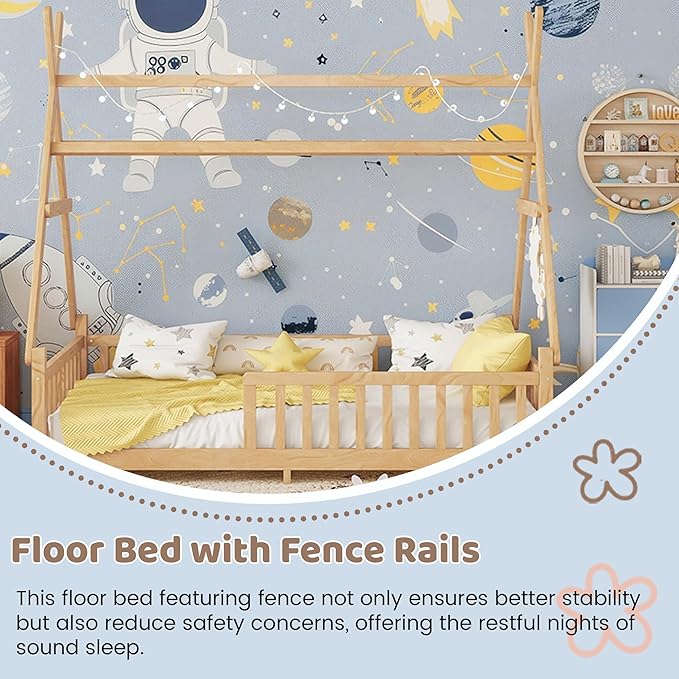 Twin House Bed with Light,Wood Twin Montessori FloorBed with Rails & Roof,Teepee Bed for Kids Boys Girls,with Slats Support,No Box Spring Needed, Natural