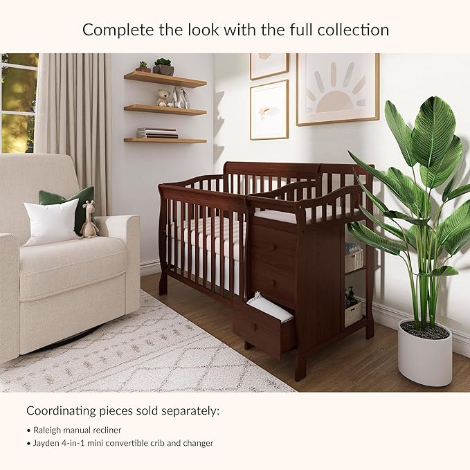 Dream On Me Jayden 4-in-1 Mini Convertible Crib And Changer in Espresso, Greenguard Gold Certified, Non-Toxic Finish, New Zealand Pinewood, 1" Mattress Pad
