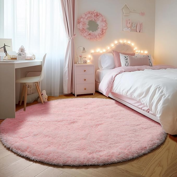 ONASAR Light Pink Round Area Rugs 2ft for Bedroom Living Room, Fluffy Cat Dog Bed Mat, Washable Circle Rug for Kids Girls Boys Teen, Soft Plush Shaggy Carpet for Nursery Dorm Home Decor Aesthetic