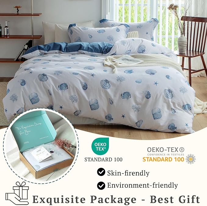 MILDLY 100% Washed Cotton Duvet Cover - Nautical Coastal Bedding Set Seashell Printed Blue Comforter Cover Set with Zipper Closure 4 Ties Queen Size