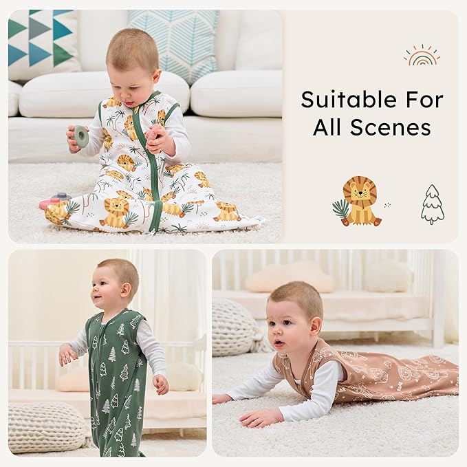 Baby Sleep Sack 6-12 months, 100% Cotton Sleeping Sack for Newborn and Infant, 3 Pack Baby Wearable Blanket, 0.5 Tog Lightweight Double Zipper Sleep Bag Medium Brown Green Lion