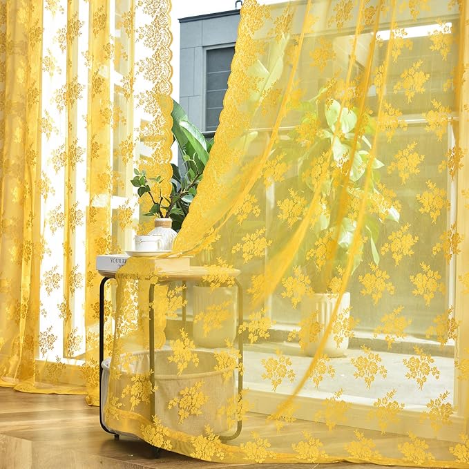 Kotile Mustard Yellow Sheer Curtains 90 Inches Long, Country Rustic Floral Retro Gold Lace Curtains for Living Room Bedroom, Rod Pocket Light Filtering Privacy Boho Window Curtain Drapes, 52 x 90 Inch