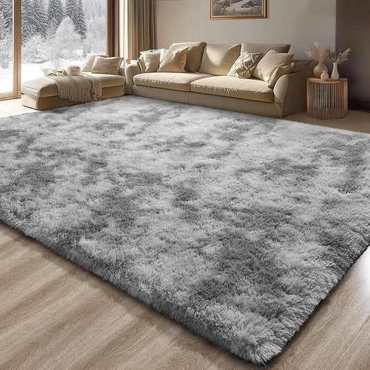 Merelax Soft Modern Indoor Large Shaggy Rug for Livingroom Bedroom Dorm Kids Room Home Decorative, Non-Slip Plush Fluffy Furry Fur Area Rugs Comfy Nursery Floor Carpet 9x11 Feet,Tie-Dyed Light Grey