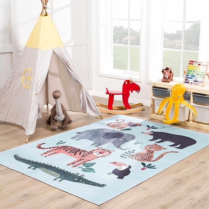 Hauteloom Petey Kids Room, Nursery Machine Washable Area Rug - Animals - Blue, Terracotta - 6'7" x 9'
