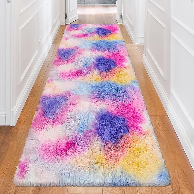 3x10 Hot Pink Runner Rainbow Rug for Girls Bedroom Bedside, Soft Fluffy Plush Runner Carpet Shag Kids Area Rug for Little Girls Room, Cute Colorful Princess Rug for Living Room Nursery Hallway