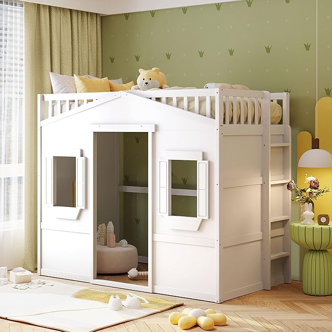 Twin Size Loft Bed with Safety Guardrail for Kids Boys Girls, Playhouse Design Solid Wood Loft Bed Frame with Ladder and Windows, Strong Wood Slats Support, Space-Saving (White)